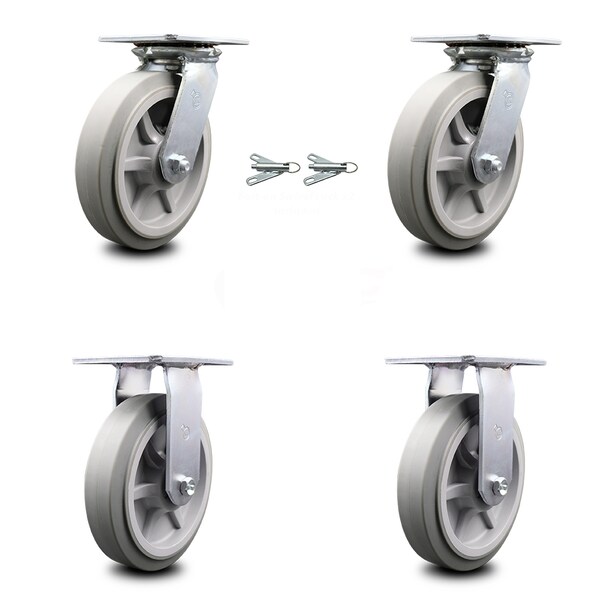 8 Inch Thermoplastic Caster Set with Roller Bearing 2 Swivel Lock and 2 Rigid